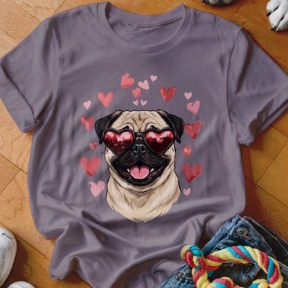 Gray crewneck t-shirt featuring a pug wearing heart-shaped sunglasses, surrounded by pink hearts.