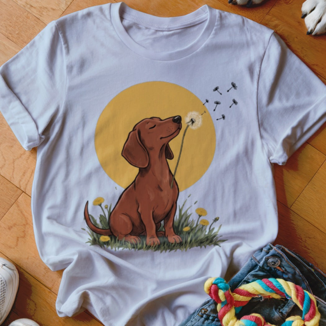 White crewneck t-shirt featuring a graphic of a brown dachshund blowing dandelion seeds against a yellow sun.