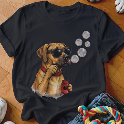 Black t-shirt featuring a graphic of a brown dog wearing sunglasses and blowing soap bubbles.