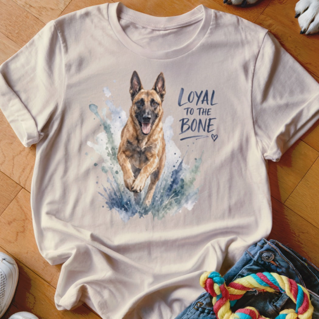 Belgian Malinois dog running through water with "Loyal to the Bone" text.