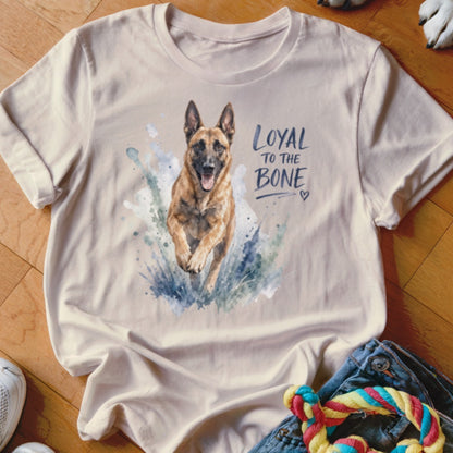 Belgian Malinois dog running through water with "Loyal to the Bone" text.