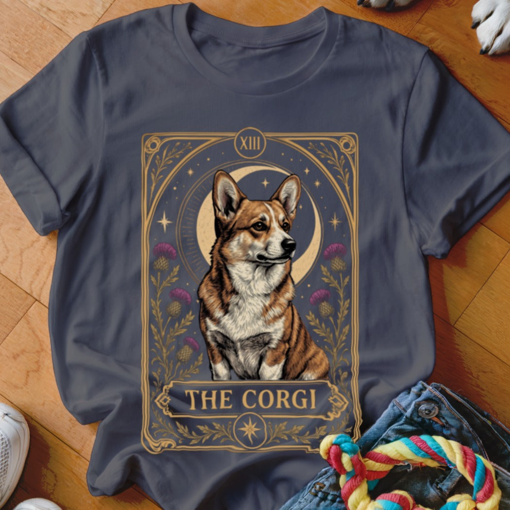 Charcoal gray t-shirt featuring a tarot card graphic of a corgi with purple flowers and a crescent moon.