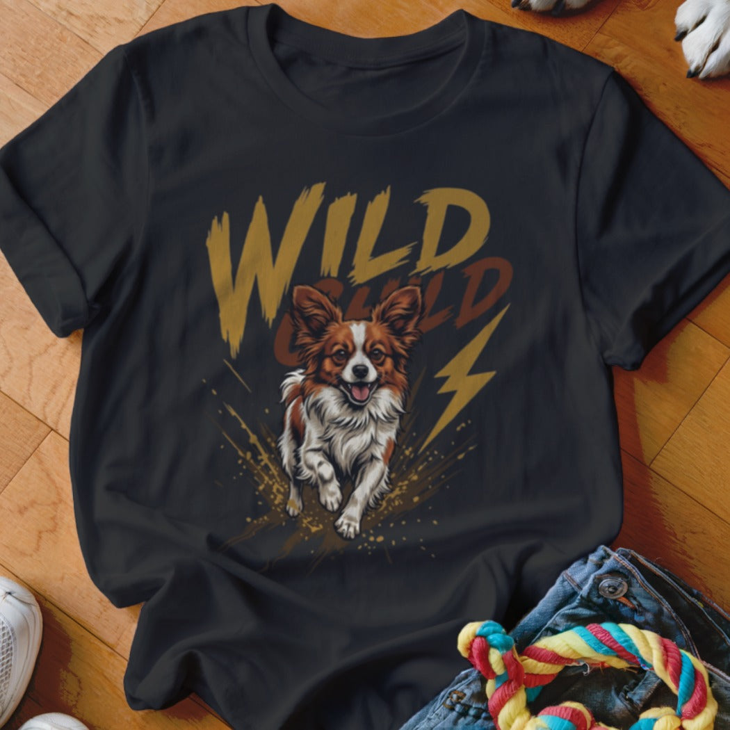 A black crewneck t-shirt featuring a graphic of a running Papillon dog and the text WILD CHILD.