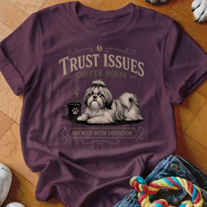 Shih Tzu dog and coffee cup graphic with "Trust Issues Coffee House" text.