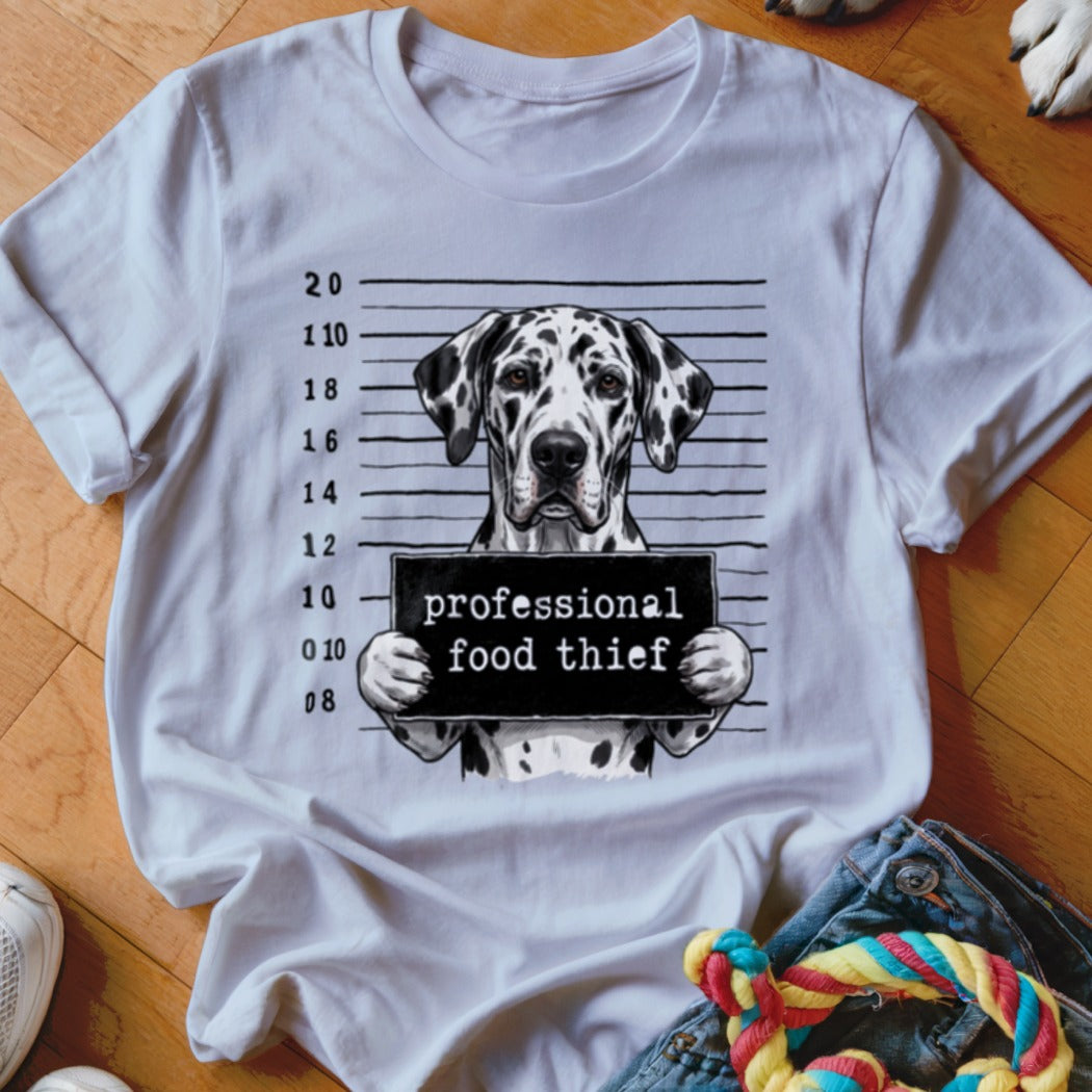 Dalmatian dog with "professional food thief" sign in mugshot background.