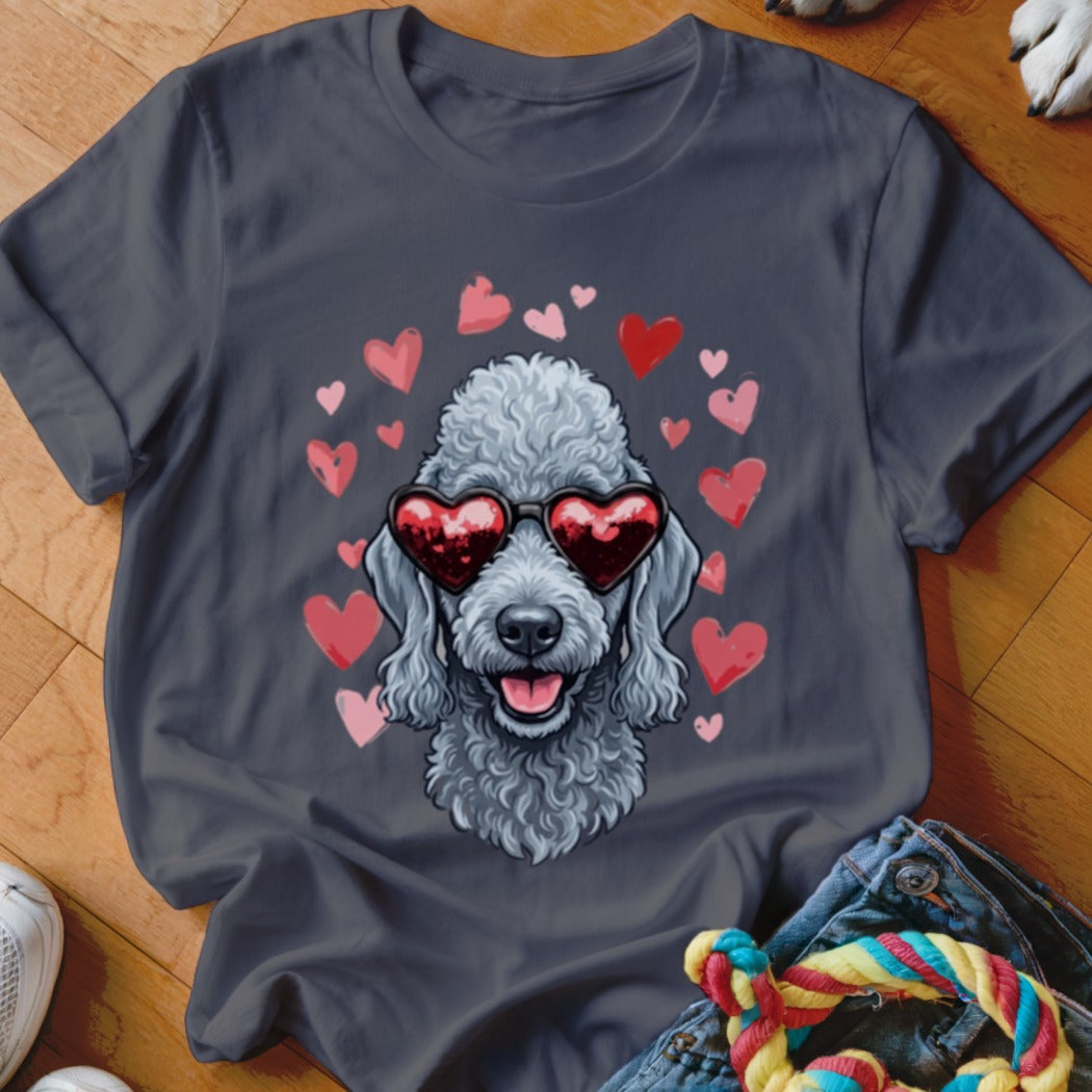 Charcoal gray t-shirt featuring a graphic of a gray poodle wearing heart-shaped sunglasses surrounded by pink and red hearts.