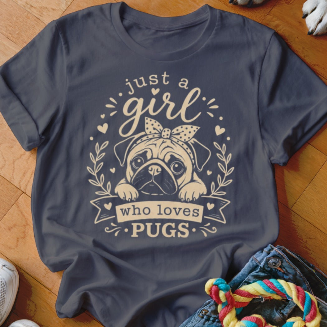 Dark blue t-shirt with "just a girl who loves pugs" text and pug graphic.