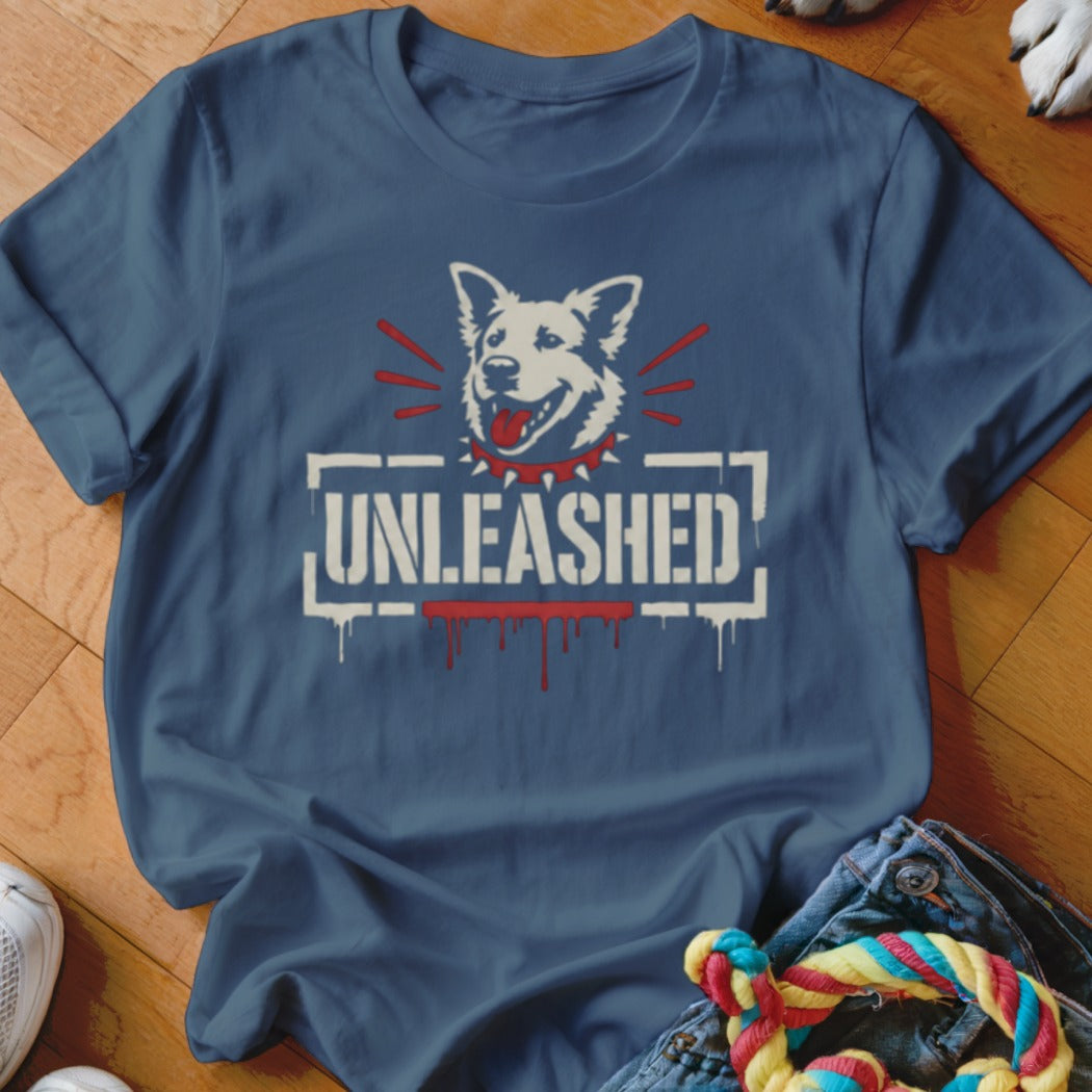 Blue t-shirt with "UNLEASHED" text and a dog graphic.
