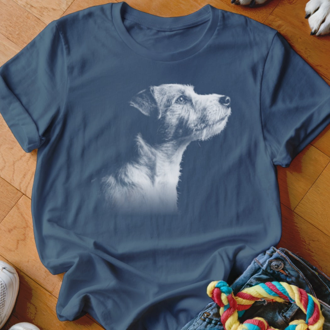 T-shirt with a grayscale portrait of a terrier dog looking up to the right.