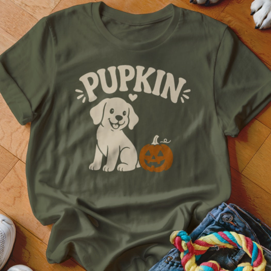 Green t-shirt with "PUPKIN" text, a white puppy, and a jack-o'-lantern.