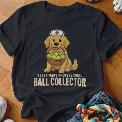 Golden retriever wearing a nurse cap holds a basket of tennis balls with "Veterinary Professional Ball Collector" text.