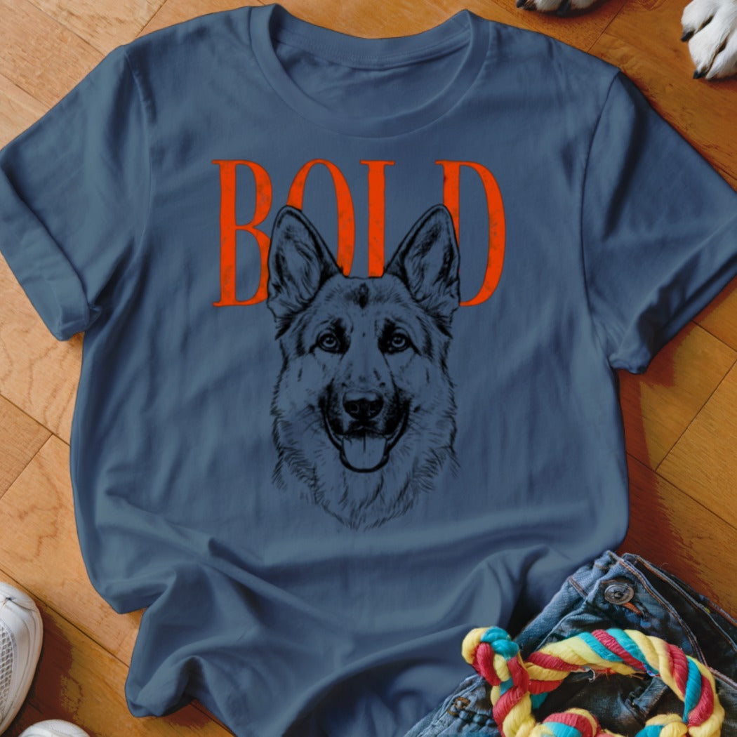 Blue t-shirt with a sketch of a German Shepherd and the text BOLD above it.