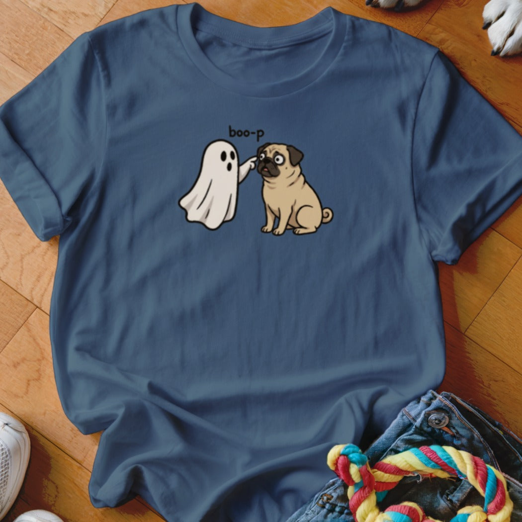 Illustration of a ghost booing a pug with "boo-p" text above.