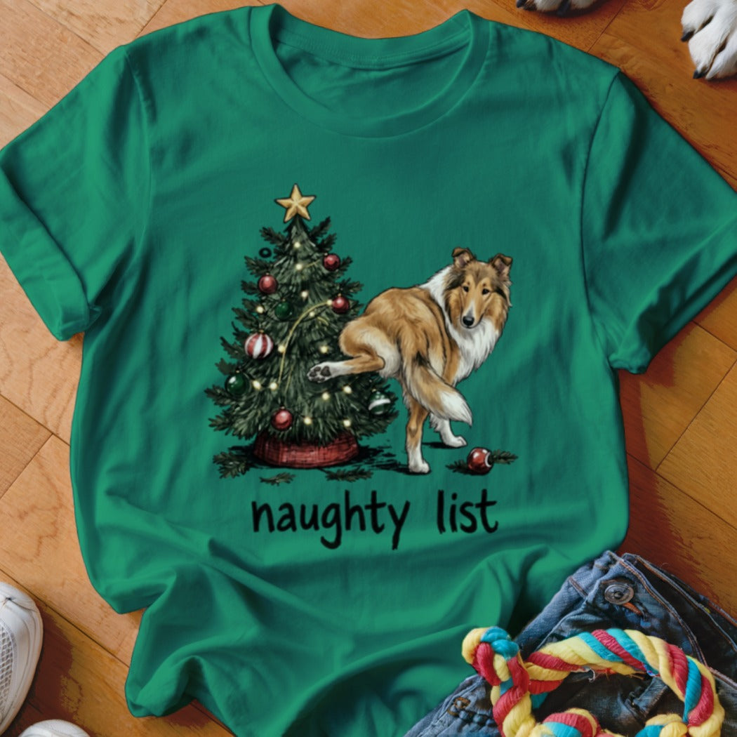 Collie dog lifting leg on Christmas tree, text "naughty list".