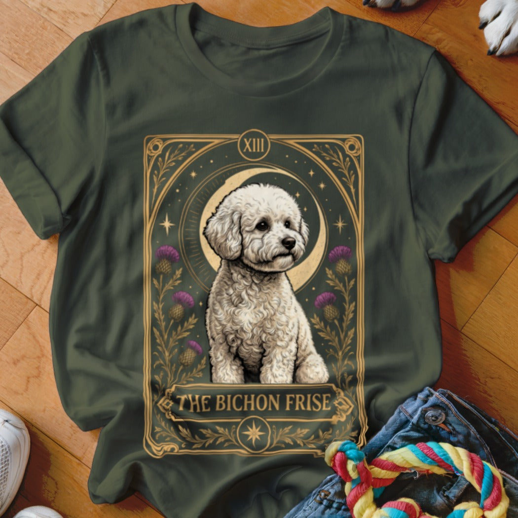 Dark green t-shirt featuring a tarot-style graphic of a Bichon Frise with purple flowers.