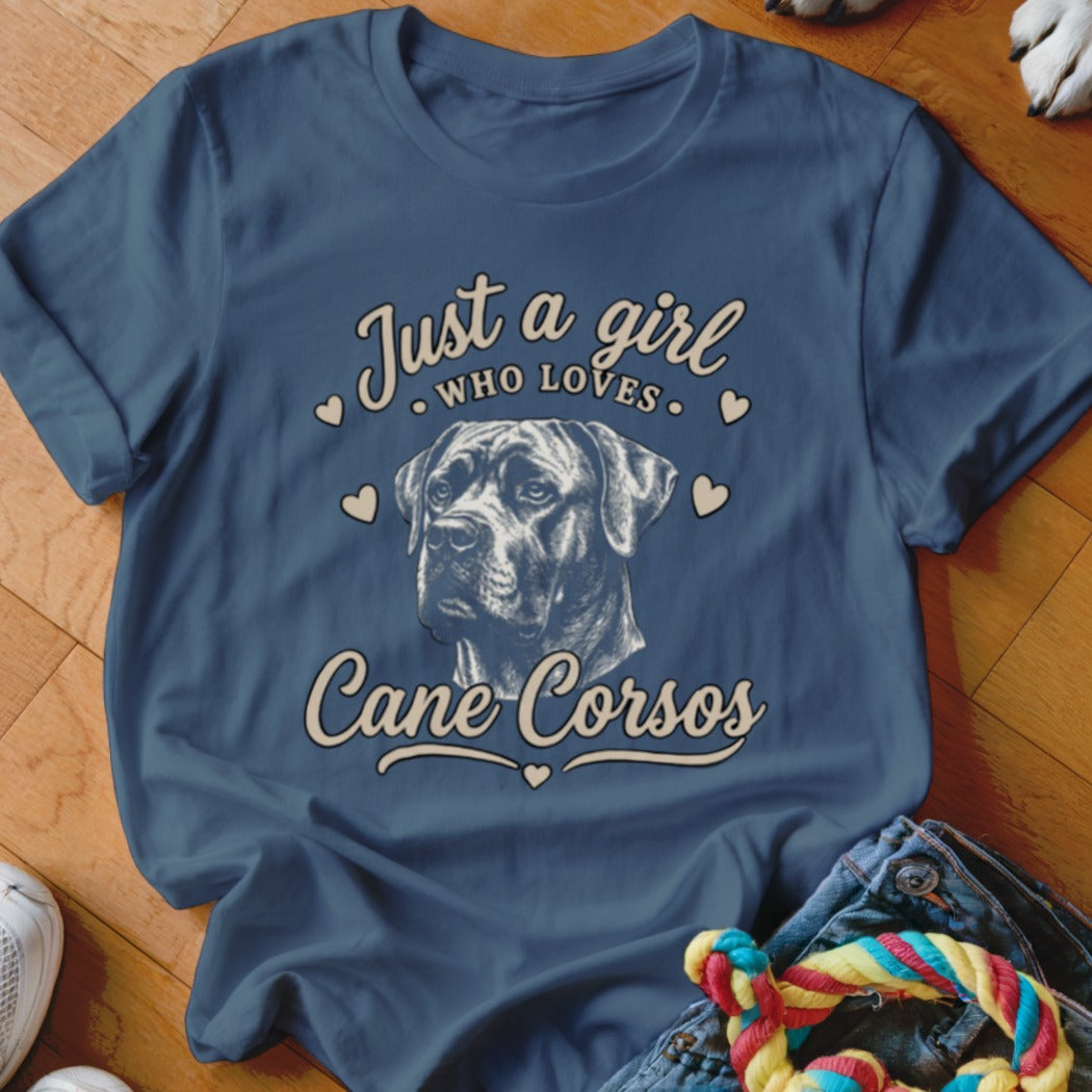 Blue t-shirt featuring a sketch of a Cane Corso dog and the text Just a girl who loves Cane Corsos.
