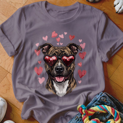 A grey crewneck t-shirt featuring a graphic of a brindle pitbull wearing heart-shaped sunglasses surrounded by pink hearts.