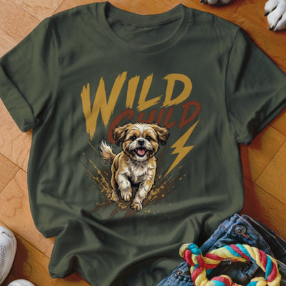 Dark green t-shirt with a graphic of a running puppy and the text Wild Child.