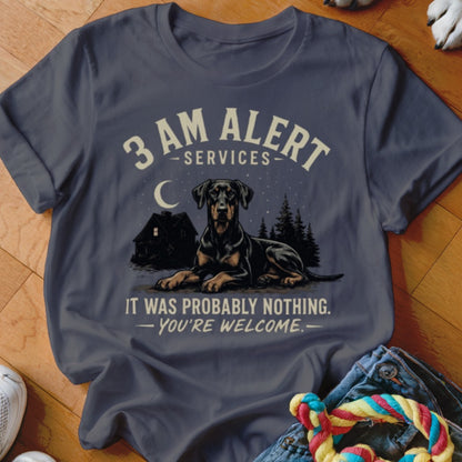 Doberman at night with text: 3 AM Alert Services. It Was Probably Nothing.