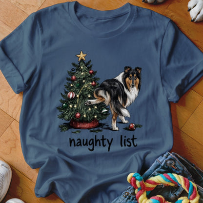 Collie dog near Christmas tree with text "naughty list".