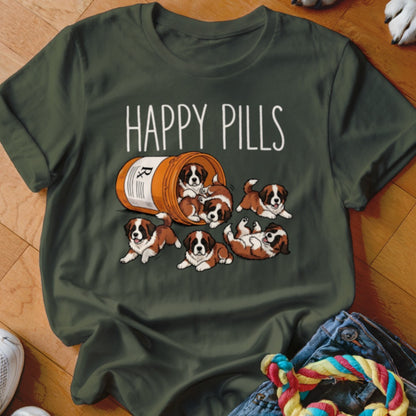 Happy Pills text above a prescription bottle spilling out St. Bernard puppies.