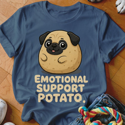 Blue t-shirt with cartoon pug wearing an "Emotional Support Potato" graphic.