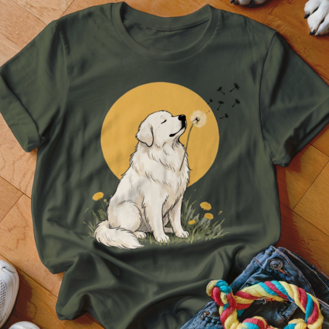 Dark green t-shirt featuring an illustration of a white dog blowing dandelion seeds against a yellow sun.