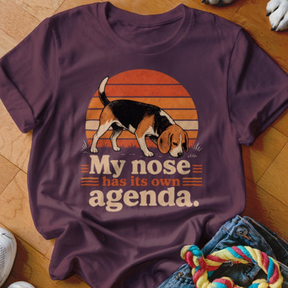 Beagle sniffing with text "My nose has its own agenda."