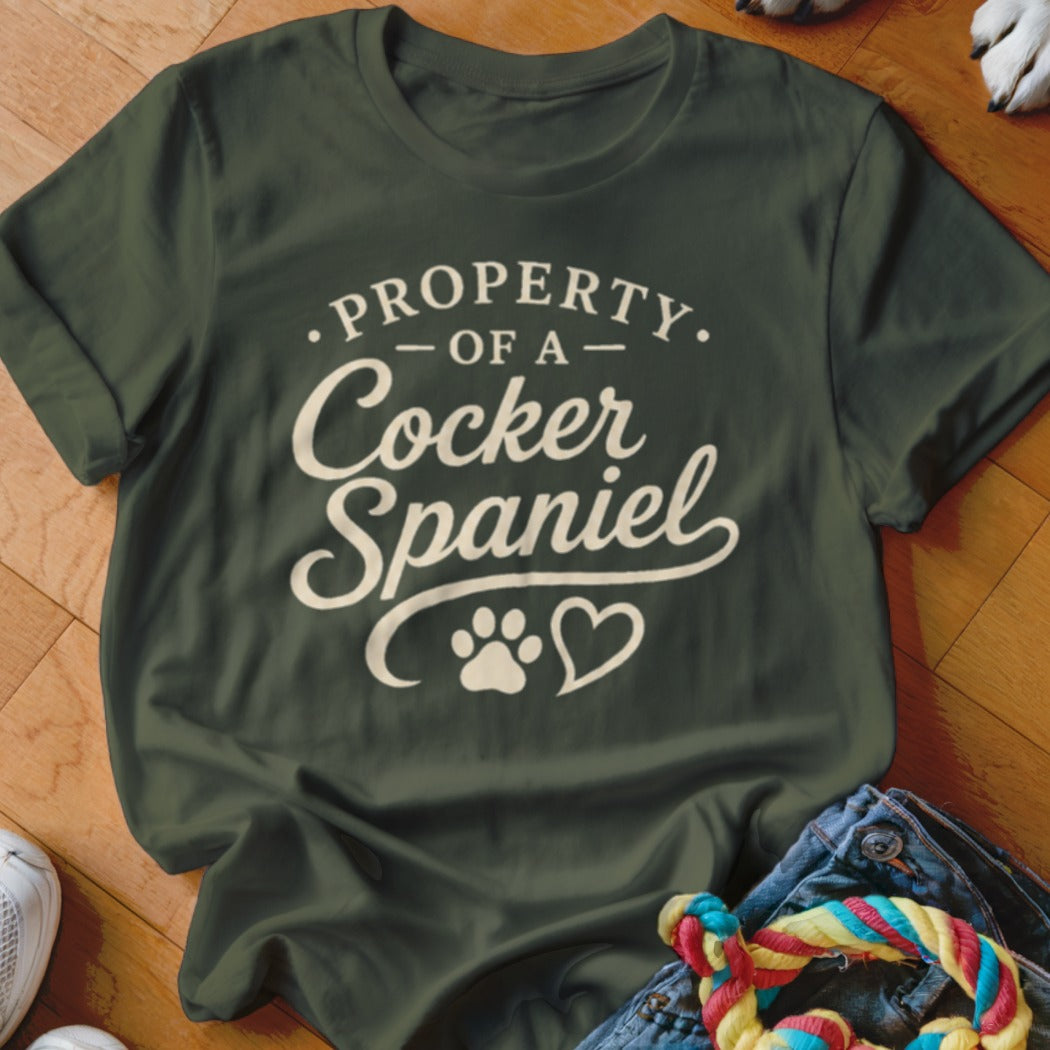 Green t-shirt with "Property Of A Cocker Spaniel" text and paw print heart.