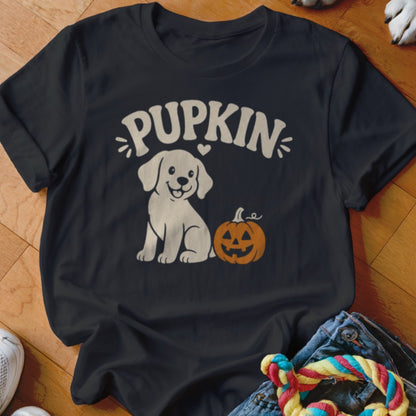 Black t-shirt featuring a white dog and jack-o'-lantern with text "PUPKIN".