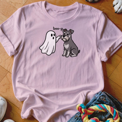 Pink t-shirt with a cartoon ghost "booping" a Schnauzer dog, text "boo-p".