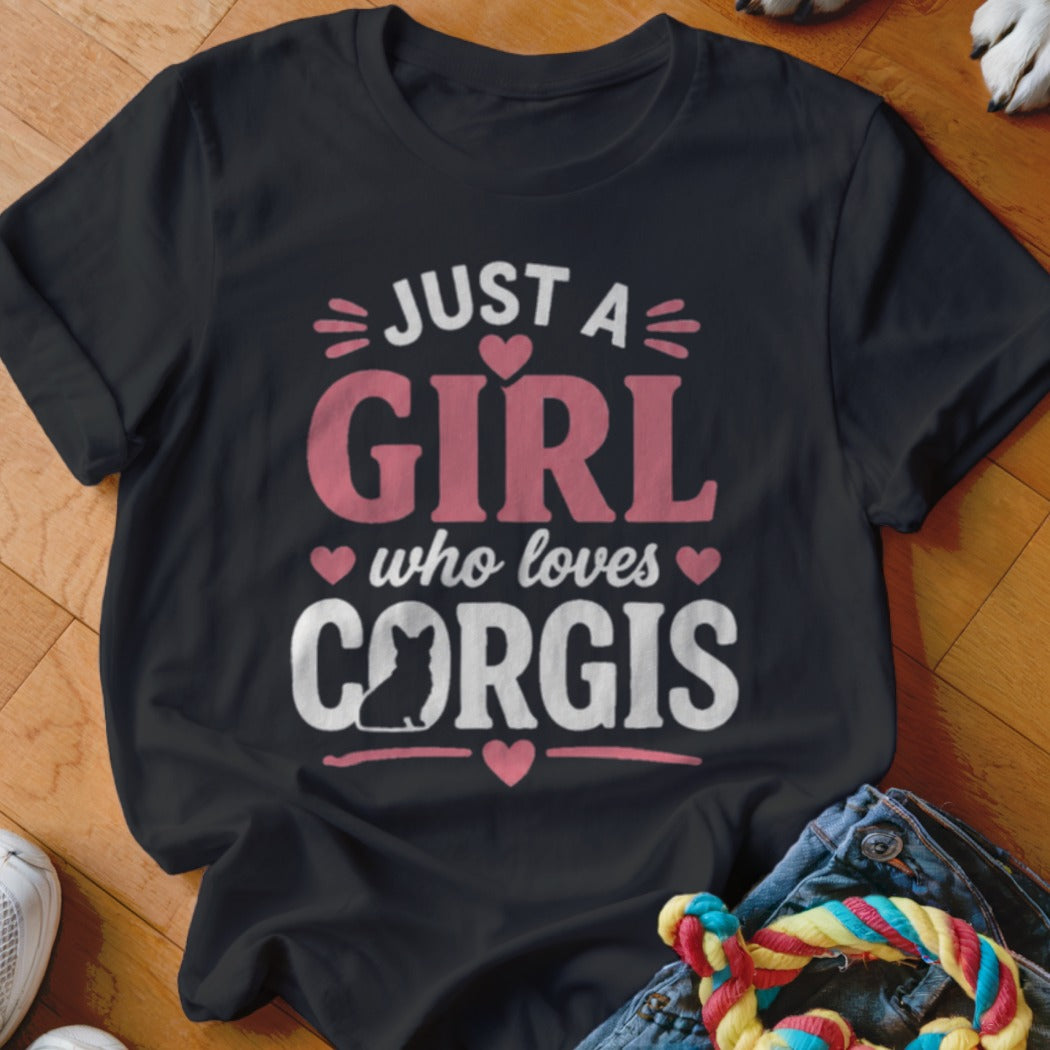 Black t-shirt with "Just a Girl Who Loves Corgis" text and corgi silhouette.