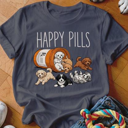 T-shirt with "HAPPY PILLS" text and cartoon puppies spilling from a pill bottle.