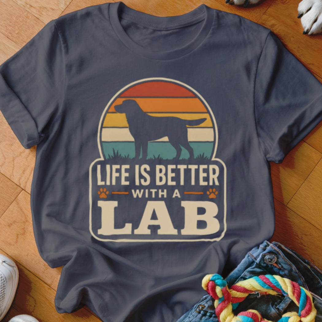 Dark blue t-shirt with a Labrador silhouette and text "Life is Better With A Lab".