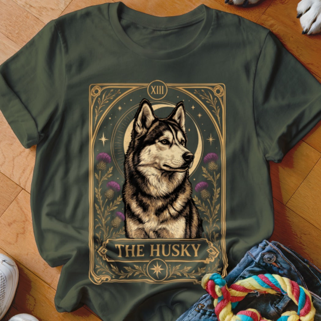 Dark green t-shirt featuring a tarot card style graphic of a husky with purple flowers.