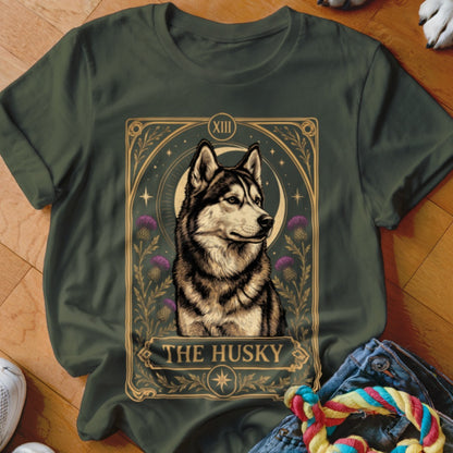 Dark green t-shirt featuring a tarot card style graphic of a husky with purple flowers.