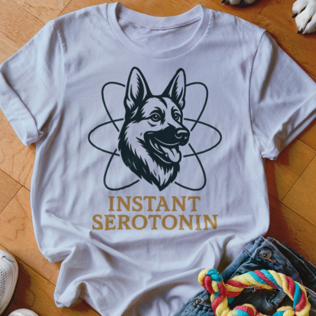 White t-shirt with German Shepherd head graphic and "INSTANT SEROTONIN" text.