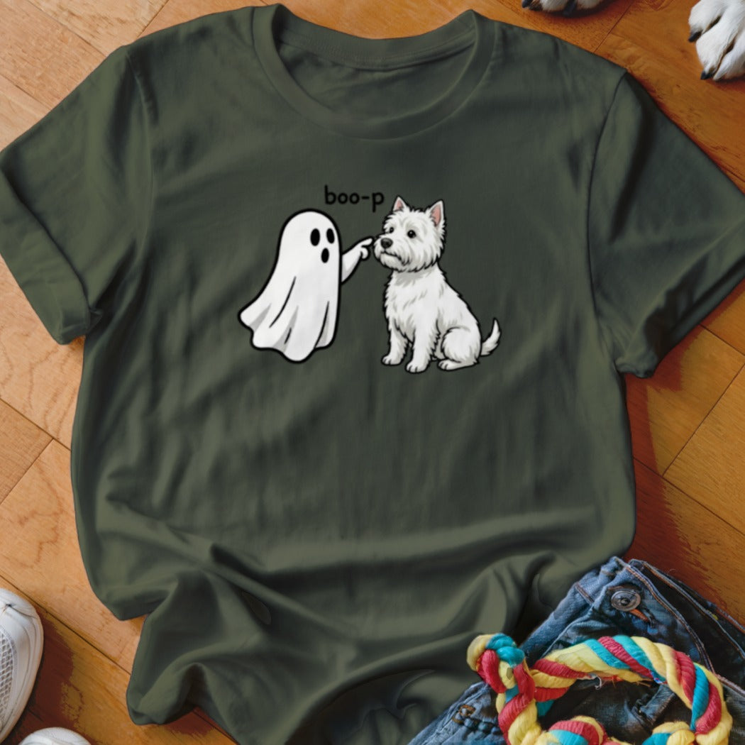 Ghost booping a white terrier dog with text "boo-p".