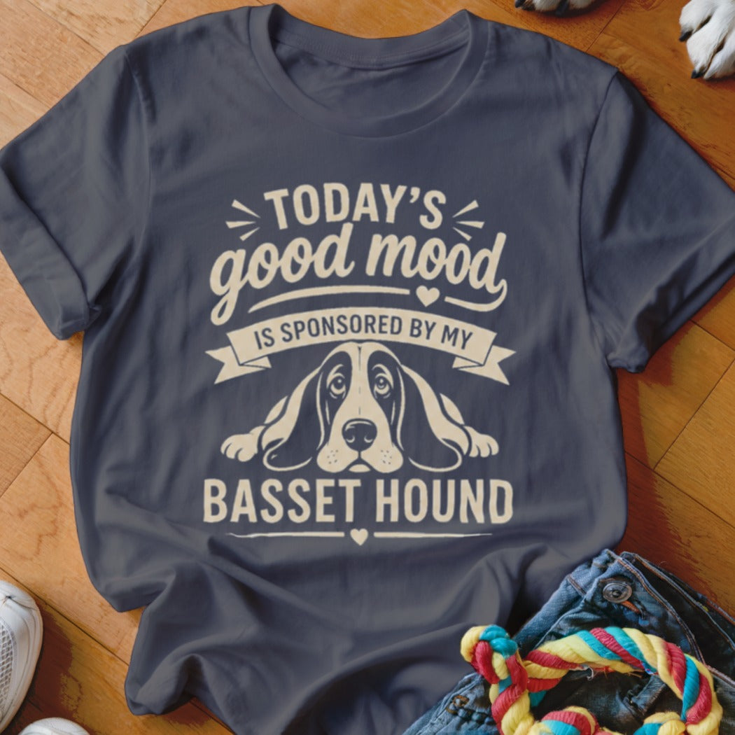 Dark blue t-shirt with white text and basset hound graphic: "Today's good mood is sponsored by my basset hound."