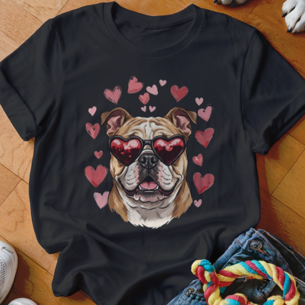 Black t-shirt featuring an illustration of an English bulldog wearing heart-shaped sunglasses, surrounded by pink hearts.