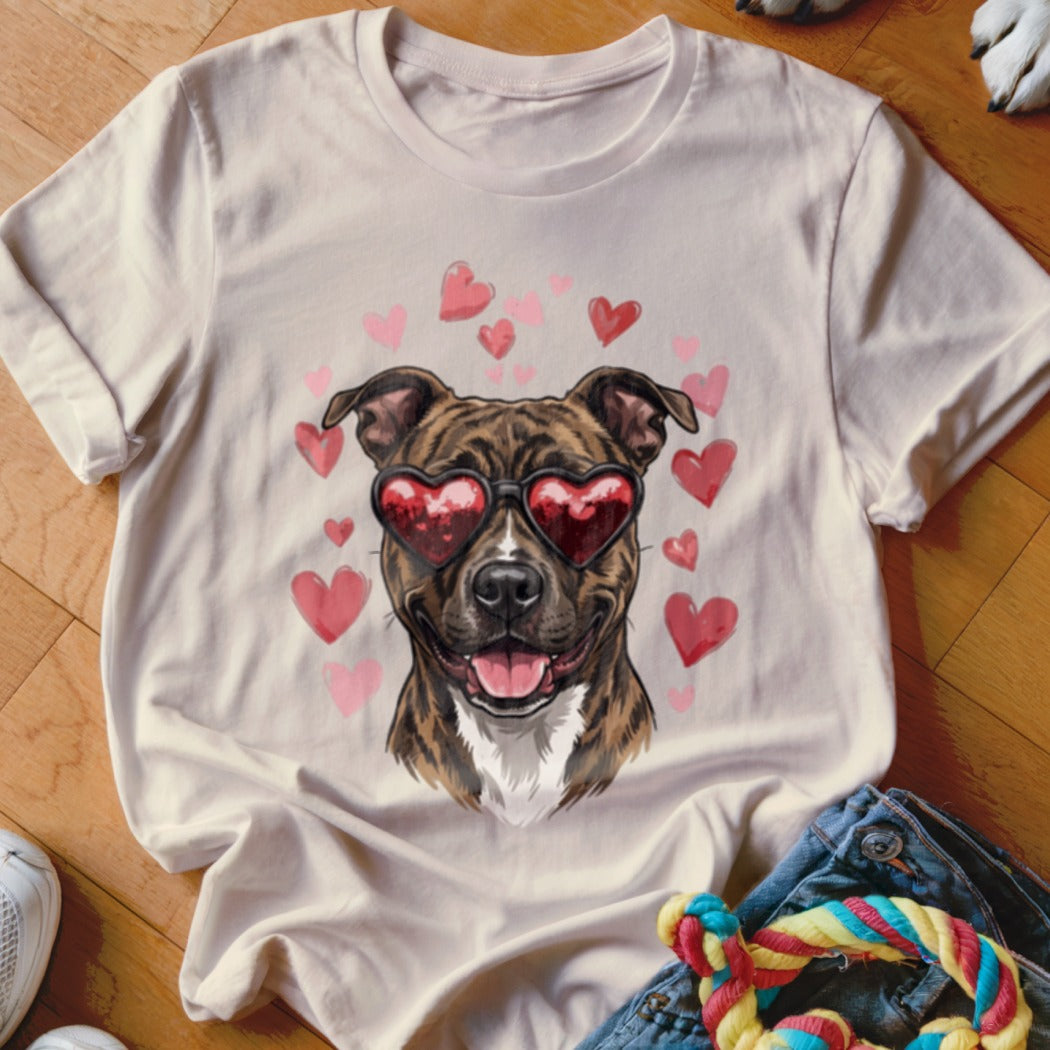 Cream-colored crewneck t-shirt featuring a graphic of a brindle pit bull wearing heart-shaped sunglasses, surrounded by pink hearts.