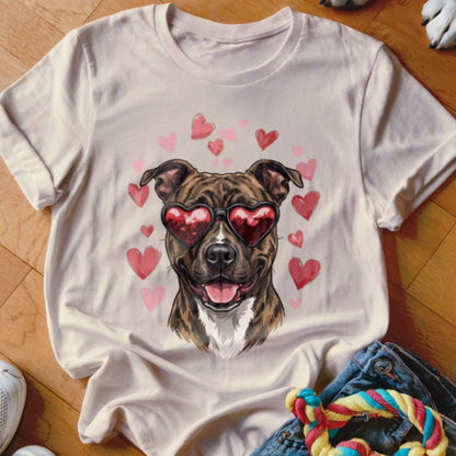 Cream-colored crewneck t-shirt featuring a graphic of a brindle pit bull wearing heart-shaped sunglasses, surrounded by pink hearts.