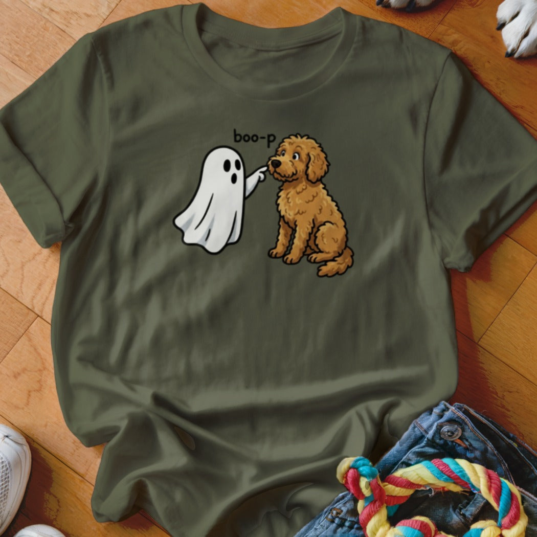 Ghost boo-ping a golden doodle dog, with text "boo-p" above.