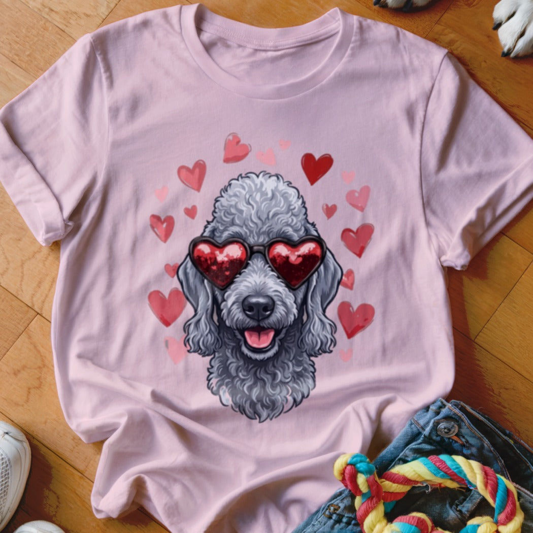 A light pink t-shirt displays a graphic of a grey poodle wearing heart-shaped sunglasses surrounded by pink hearts.