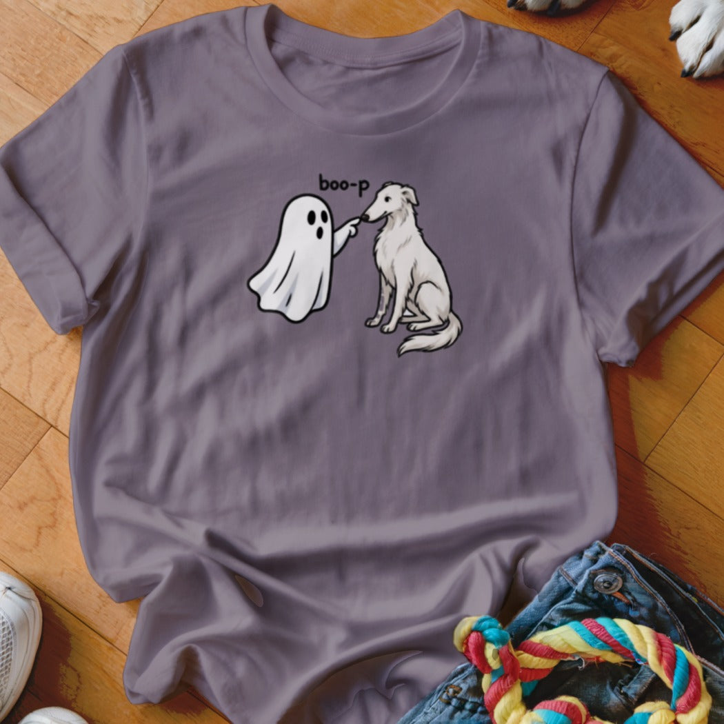 Ghost booping a sitting white dog with text "boo-p" above.