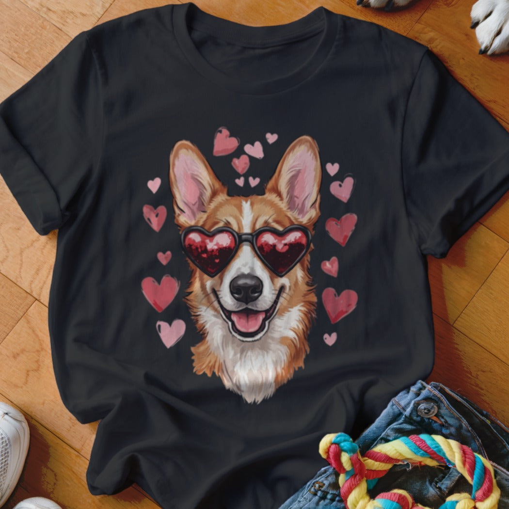 A black t-shirt printed with a corgi wearing heart-shaped sunglasses, surrounded by pink hearts.