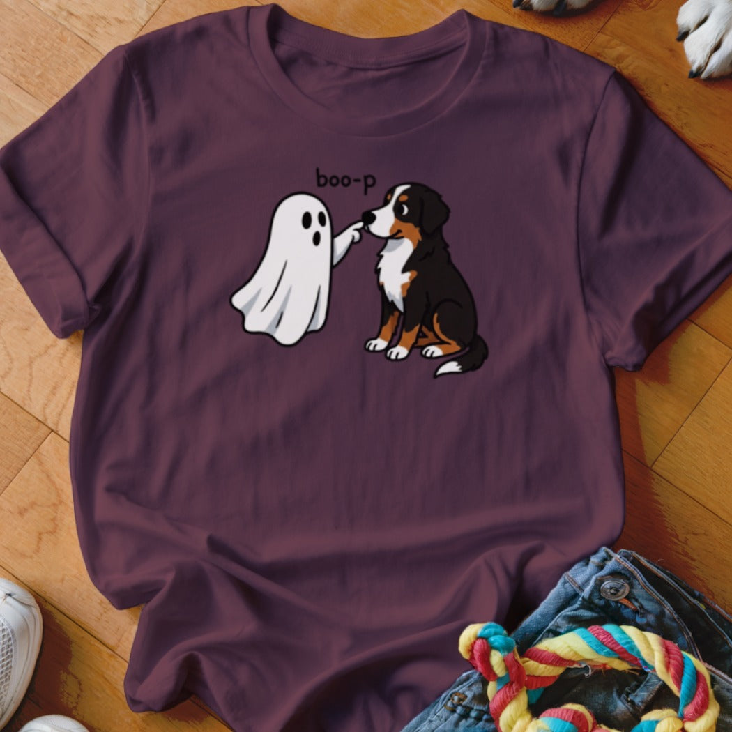 Bernese Mountain Dog being booped by a ghost with text "boo-p".