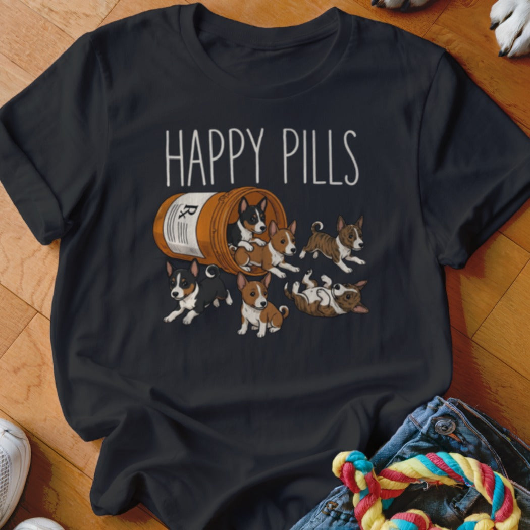 Black t-shirt with "HAPPY PILLS" text and cartoon puppies spilling from a pill bottle.