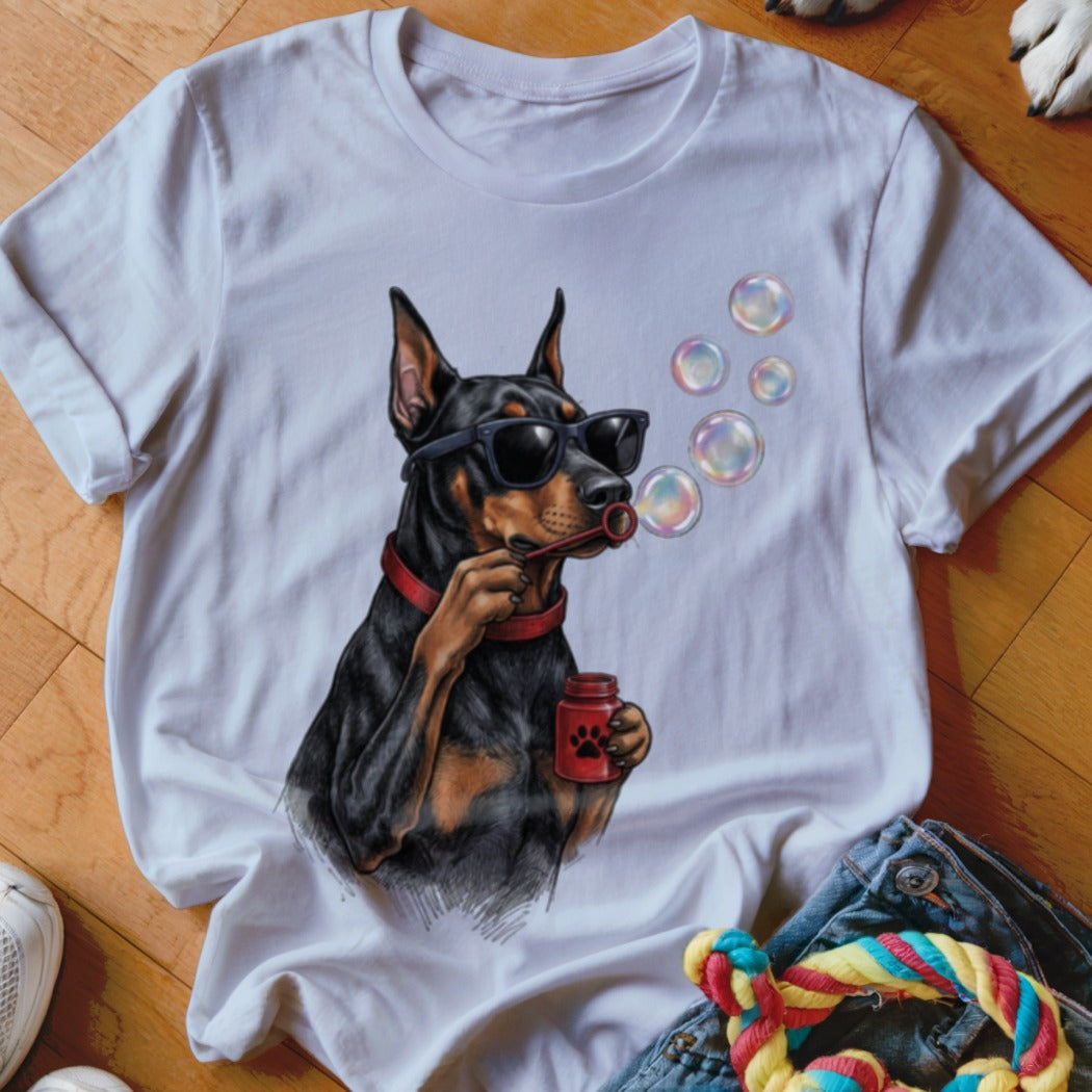 A white short-sleeved t-shirt featuring a graphic of a Doberman Pinscher wearing sunglasses and blowing bubbles.