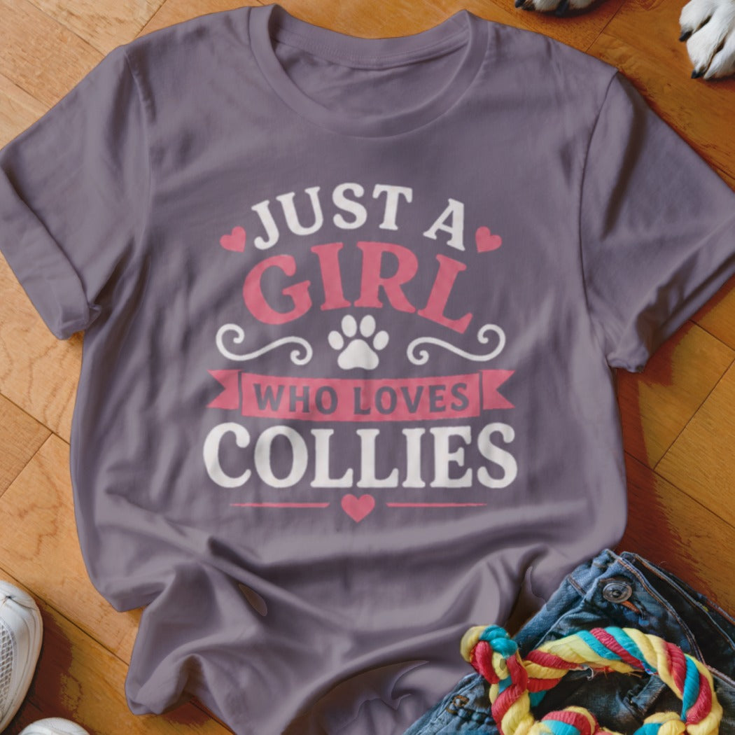 Purple t-shirt with "Just a girl who loves collies" text and paw print.